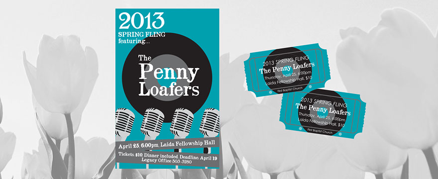 First Baptist of Clarksville, TN, Annual Spring Fling event poster and ticket design